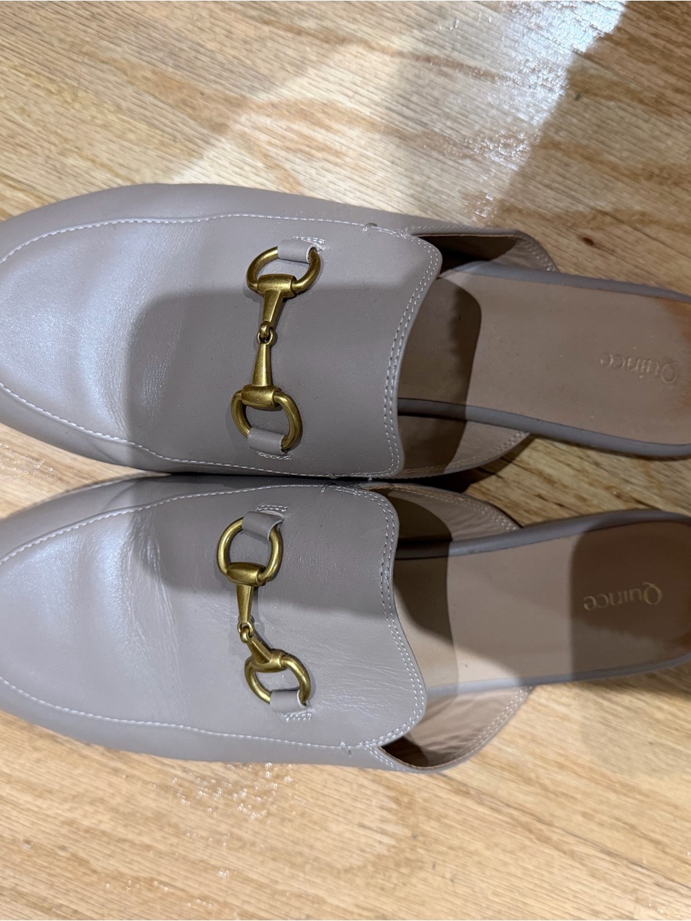 Quince Taupe Leather Slip-On Mules with Gold Horsebit